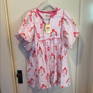 Pink and White Striped Dress with Floral Design